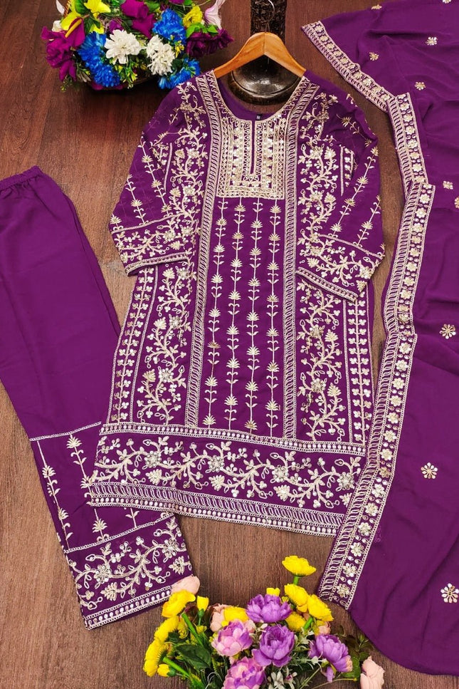 Fox Georgette Embroidered Top Pant & Dupatta Set with Sequence Work - Rosepetals Luxe