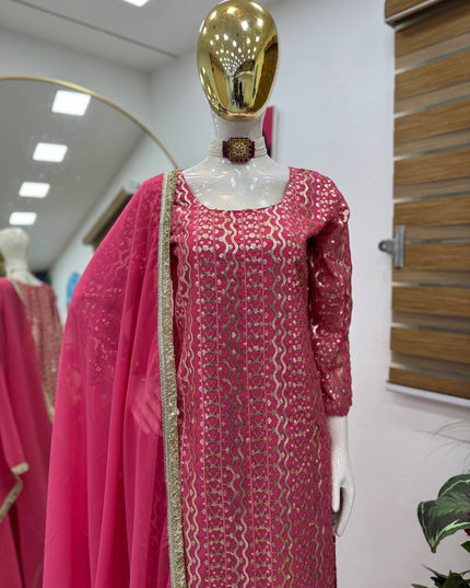 Fox Georgette Embroidery Sharara Set | Sequin Festive Wear | Pink & Sky Blue | M–XXL - Rosepetals Luxe