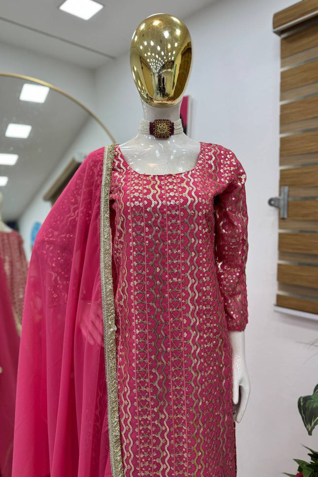 Fox Georgette Embroidery Sharara Set | Sequin Festive Wear | Pink & Sky Blue | M–XXL - Rosepetals Luxe