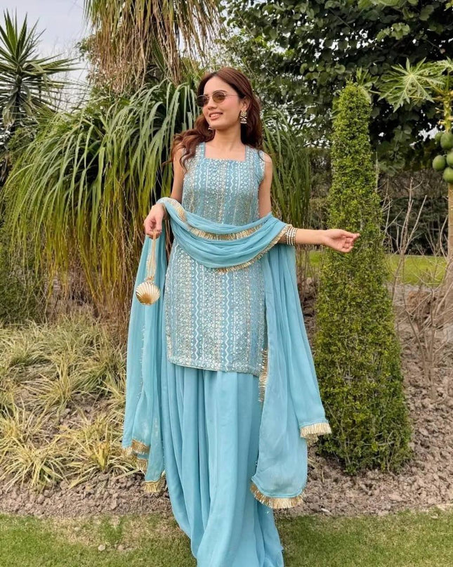 Fox Georgette Embroidery Sharara Set | Sequin Festive Wear | Pink & Sky Blue | M–XXL - Rosepetals Luxe