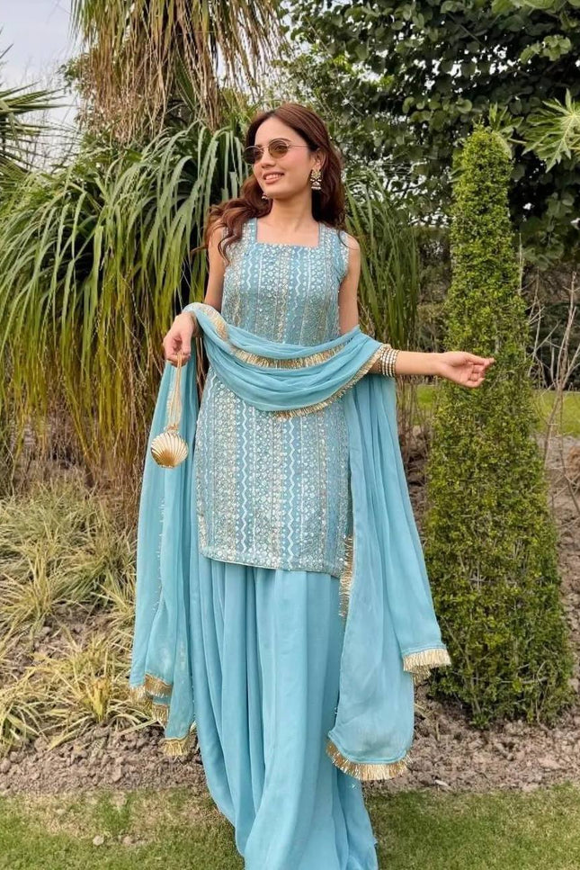 Fox Georgette Embroidery Sharara Set | Sequin Festive Wear | Pink & Sky Blue | M–XXL - Rosepetals Luxe
