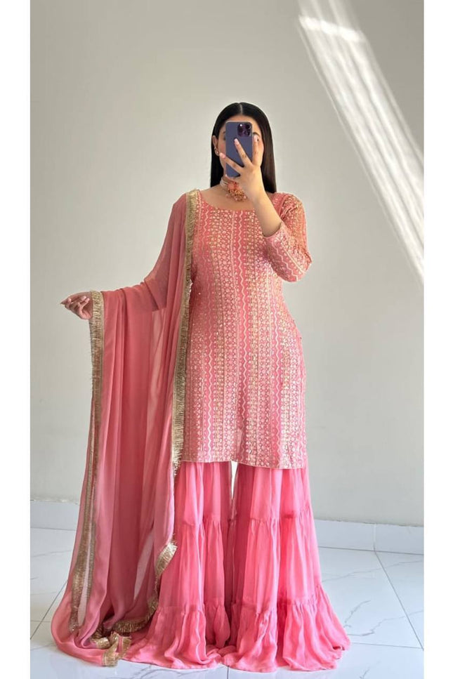 Fox Georgette Embroidery Sharara Set | Sequin Festive Wear | Pink & Sky Blue | M–XXL - Rosepetals Luxe