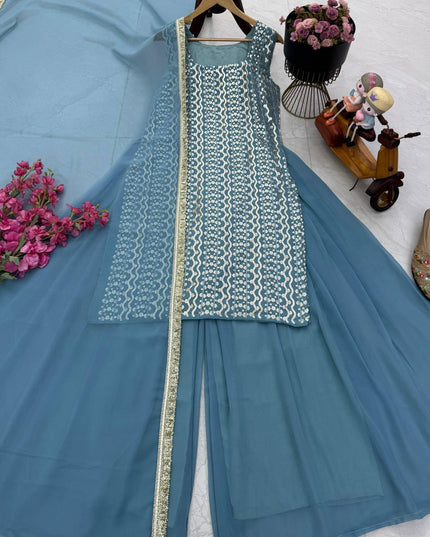 Fox Georgette Embroidery Sharara Set | Sequin Festive Wear | Pink & Sky Blue | M–XXL - Rosepetals Luxe