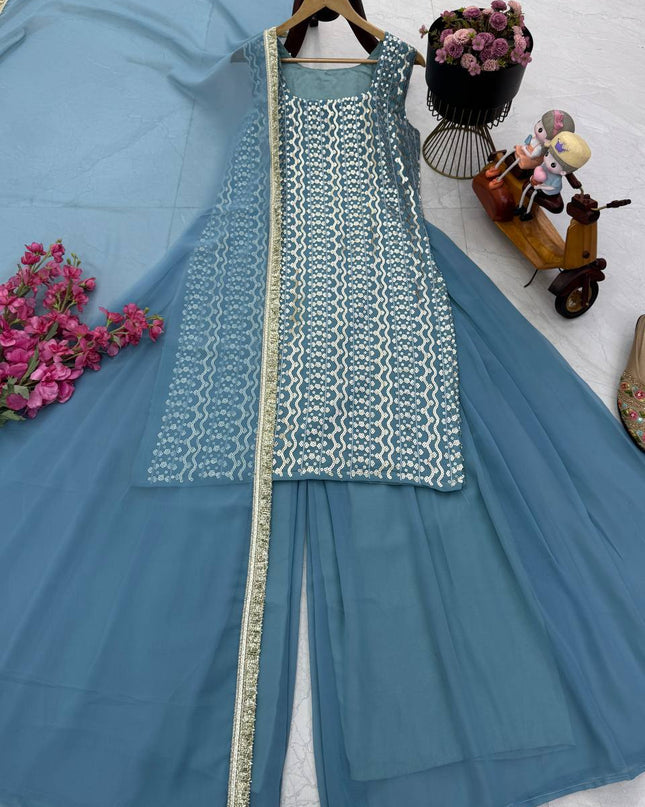 Fox Georgette Embroidery Sharara Set | Sequin Festive Wear | Pink & Sky Blue | M–XXL - Rosepetals Luxe