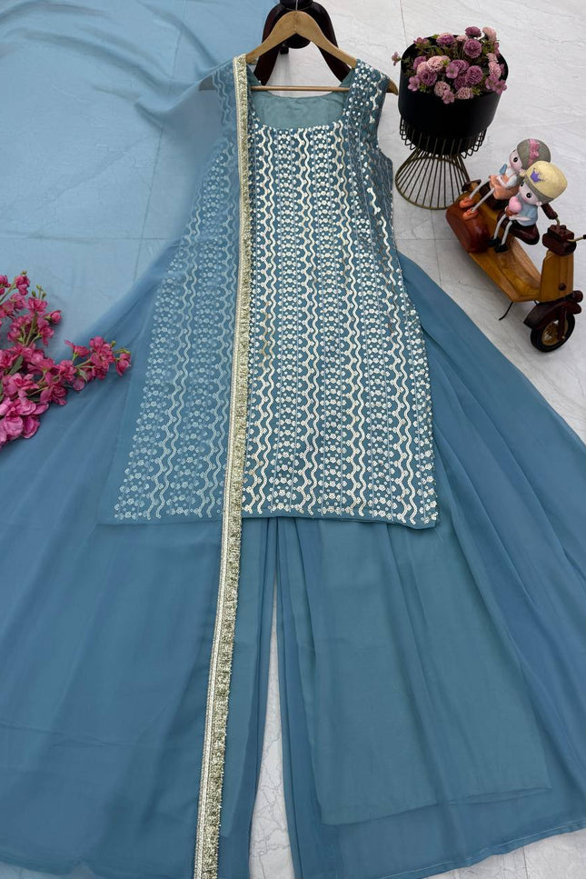 Fox Georgette Embroidery Sharara Set | Sequin Festive Wear | Pink & Sky Blue | M–XXL - Rosepetals Luxe