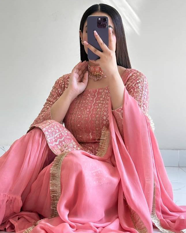 Fox Georgette Embroidery Sharara Set | Sequin Festive Wear | Pink & Sky Blue | M–XXL - Rosepetals Luxe