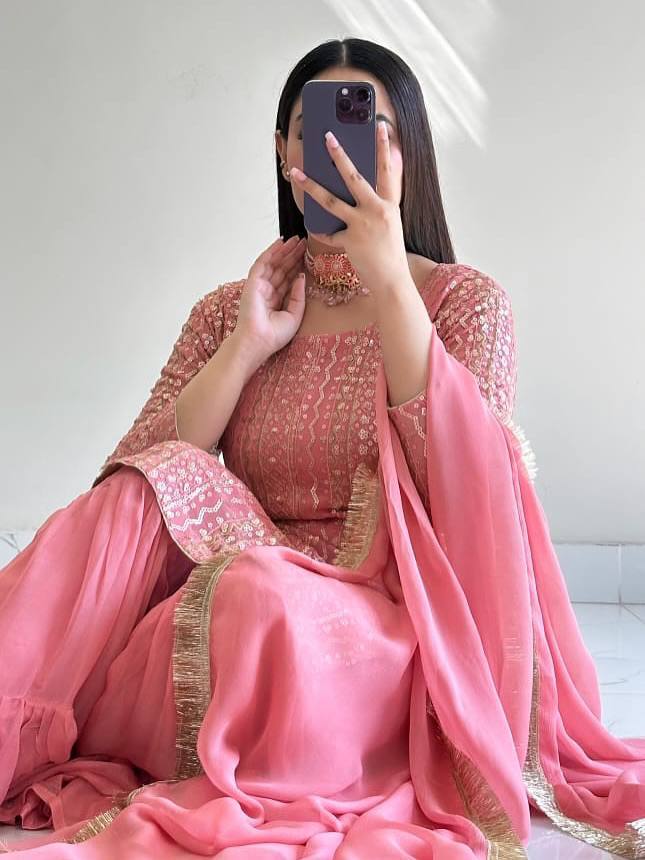 Fox Georgette Embroidery Sharara Set | Sequin Festive Wear | Pink & Sky Blue | M–XXL - Rosepetals Luxe
