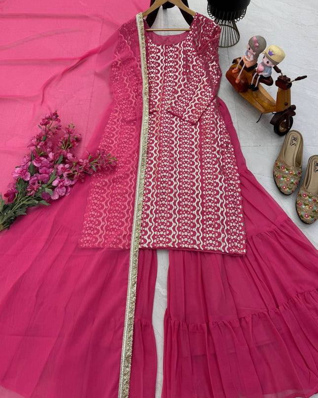 Fox Georgette Embroidery Sharara Set | Sequin Festive Wear | Pink & Sky Blue | M–XXL - Rosepetals Luxe
