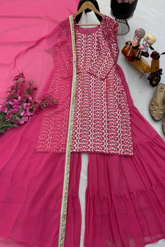 Fox Georgette Embroidery Sharara Set | Sequin Festive Wear | Pink & Sky Blue | M–XXL - Rosepetals Luxe