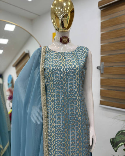 Fox Georgette Embroidery Sharara Set | Sequin Festive Wear | Pink & Sky Blue | M–XXL - Rosepetals Luxe