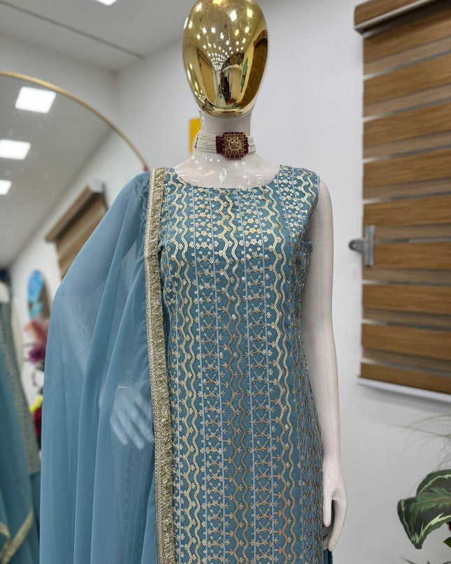 Fox Georgette Embroidery Sharara Set | Sequin Festive Wear | Pink & Sky Blue | M–XXL - Rosepetals Luxe