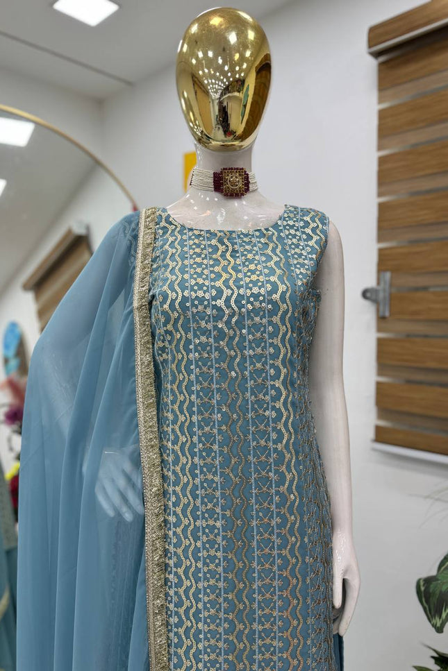 Fox Georgette Embroidery Sharara Set | Sequin Festive Wear | Pink & Sky Blue | M–XXL - Rosepetals Luxe