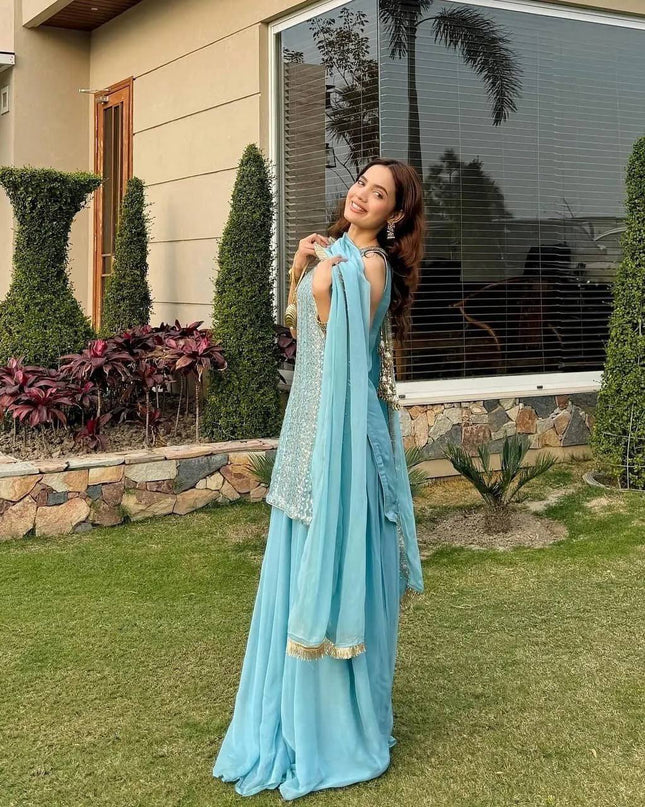 Fox Georgette Embroidery Sharara Set | Sequin Festive Wear | Pink & Sky Blue | M–XXL - Rosepetals Luxe