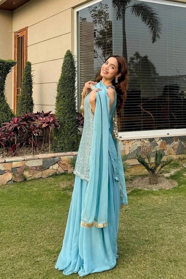 Fox Georgette Embroidery Sharara Set | Sequin Festive Wear | Pink & Sky Blue | M–XXL - Rosepetals Luxe