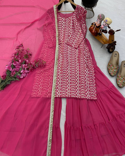 Fox Georgette Embroidery Sharara Set | Sequin Festive Wear | Pink & Sky Blue | M–XXL - Rosepetals Luxe