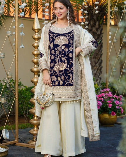 French Crepe & Velvet Off - White Sequins Embroidered Suit Set - Rosepetals Luxe
