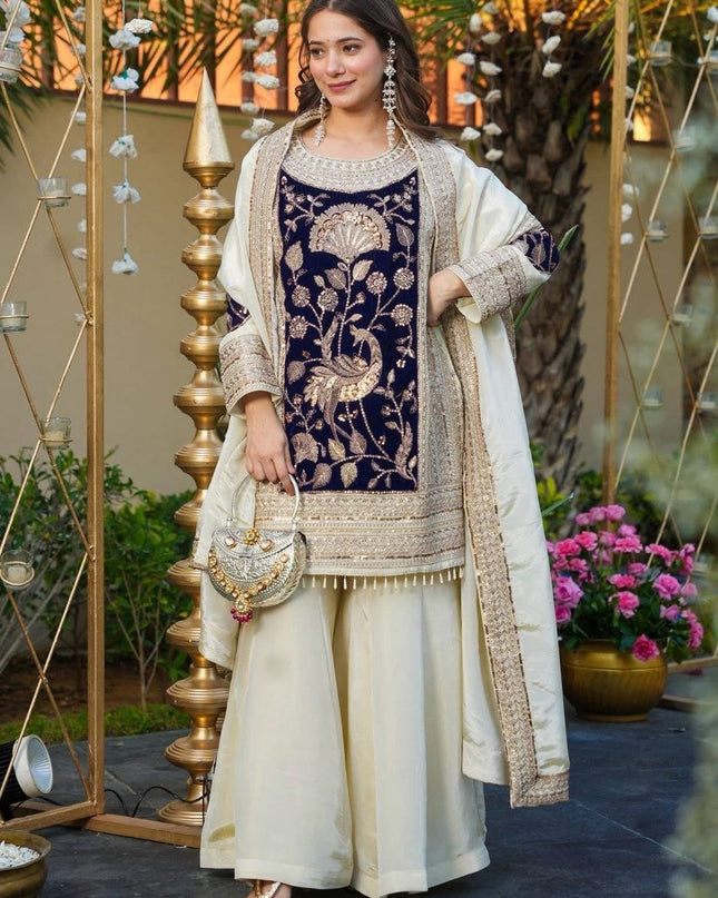 French Crepe & Velvet Off - White Sequins Embroidered Suit Set - Rosepetals Luxe
