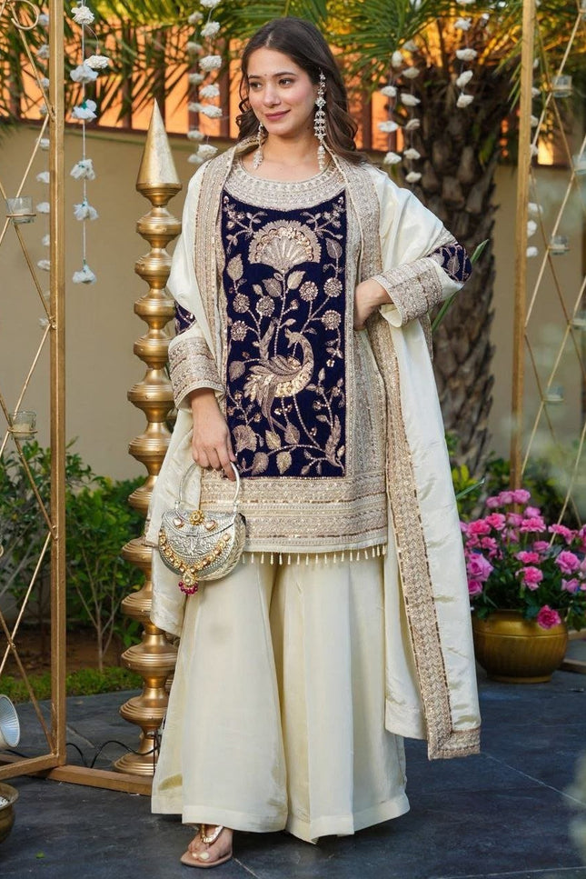 French Crepe & Velvet Off - White Sequins Embroidered Suit Set - Rosepetals Luxe