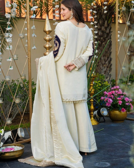 French Crepe & Velvet Off - White Sequins Embroidered Suit Set - Rosepetals Luxe