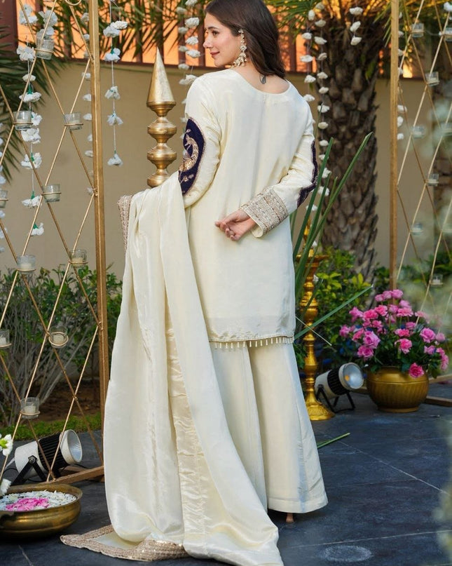 French Crepe & Velvet Off - White Sequins Embroidered Suit Set - Rosepetals Luxe