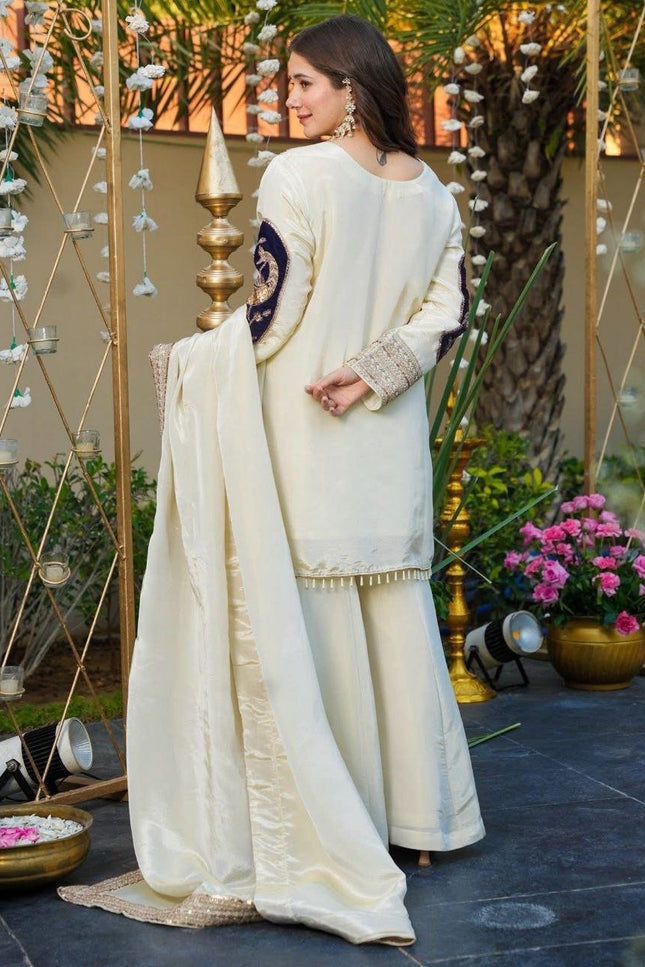 French Crepe & Velvet Off - White Sequins Embroidered Suit Set - Rosepetals Luxe