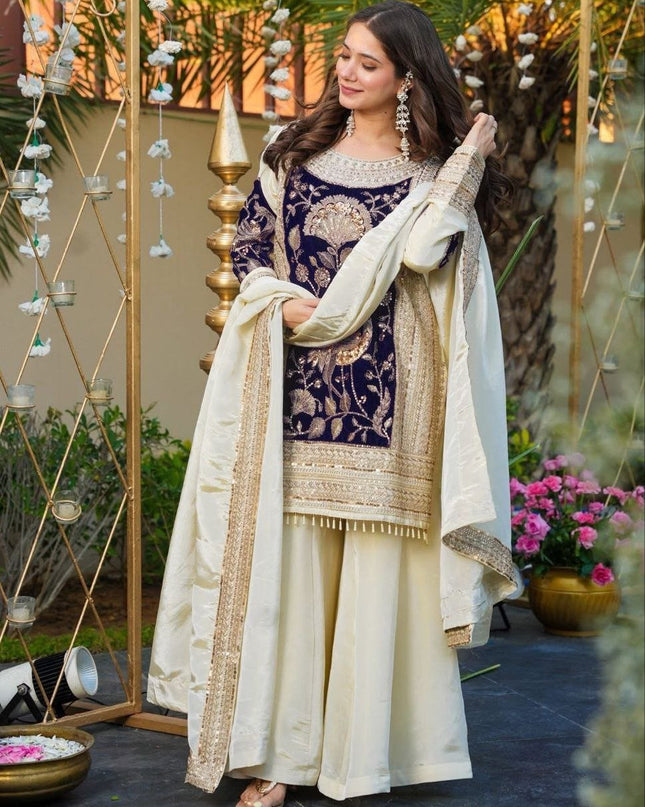 French Crepe & Velvet Off - White Sequins Embroidered Suit Set - Rosepetals Luxe