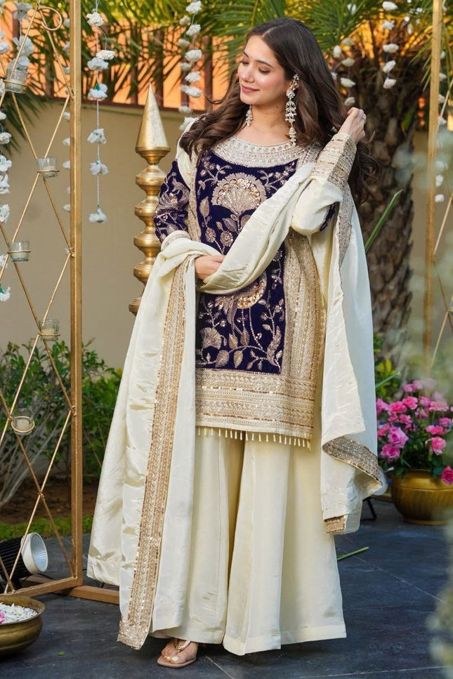 French Crepe & Velvet Off - White Sequins Embroidered Suit Set - Rosepetals Luxe