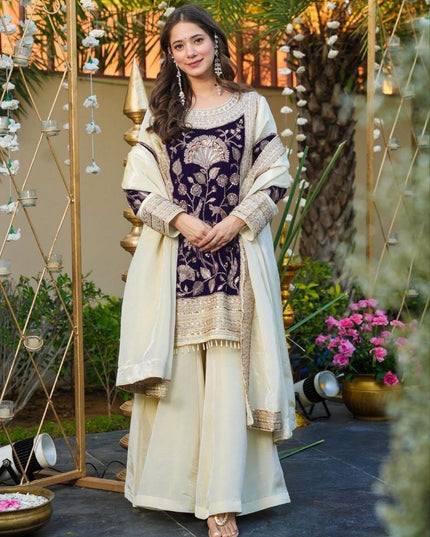 French Crepe & Velvet Off - White Sequins Embroidered Suit Set - Rosepetals Luxe