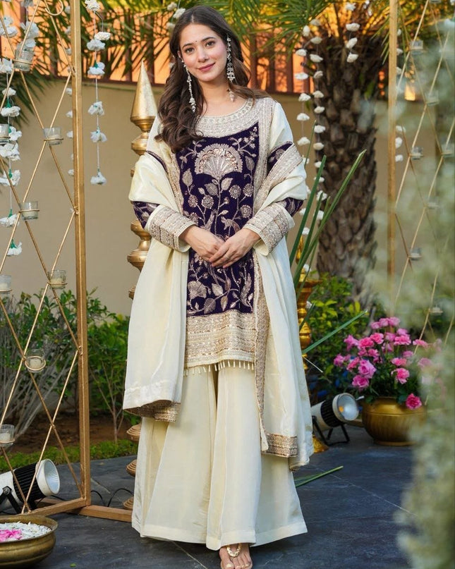 French Crepe & Velvet Off - White Sequins Embroidered Suit Set - Rosepetals Luxe