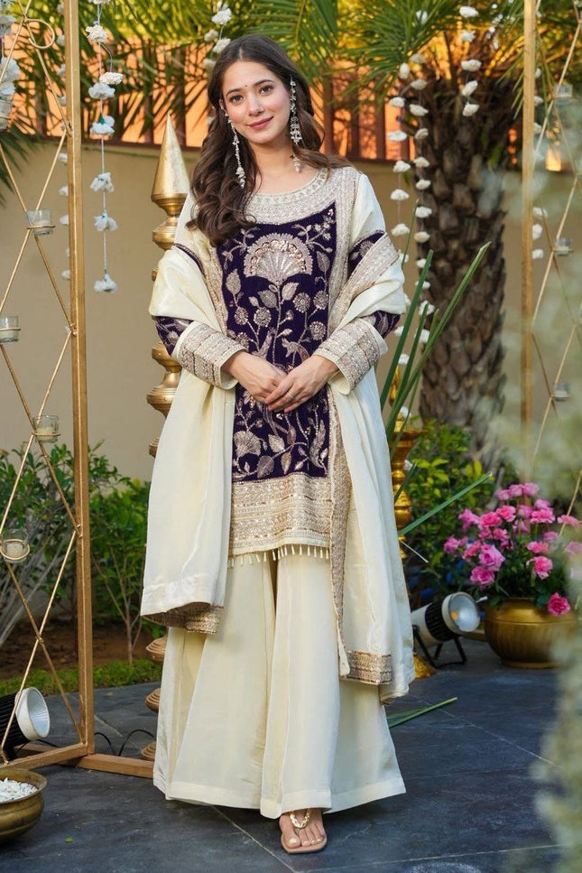 French Crepe & Velvet Off - White Sequins Embroidered Suit Set - Rosepetals Luxe