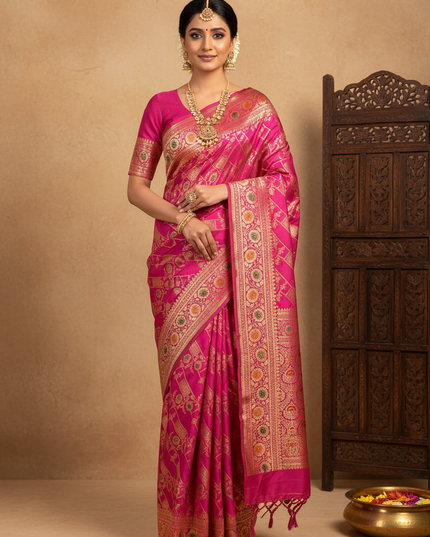Front Facing Pose - Pure Katan Silk Meenakari Pattu Saree with Golden & Silver Zari Work
