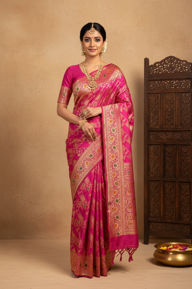 Front Facing Pose - Pure Katan Silk Meenakari Pattu Saree with Golden & Silver Zari Work