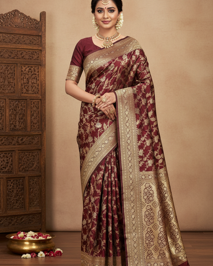 Front Facing Pose -  Pure Katan Silk Meenakari Pattu Saree with Golden & Silver Zari Work