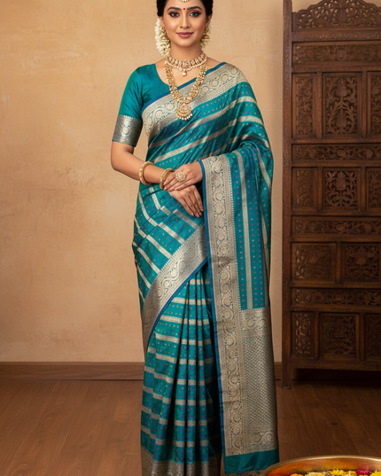 Front Facing Pose - Pure Katan Silk Meenakari Pattu Saree with Golden & Silver Zari Work
