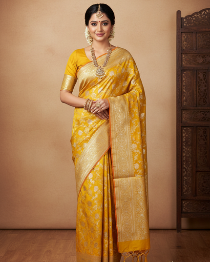 Front Facing Pose - Pure Katan Silk Meenakari Pattu Saree with Golden & Silver Zari Work