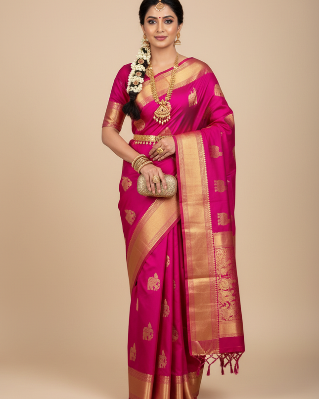 Front Pose - Kanchipuram Handloom Pure Silk Pink Saree with Beautiful Big Border and Silk Mark Tag - Rosepetals luxe