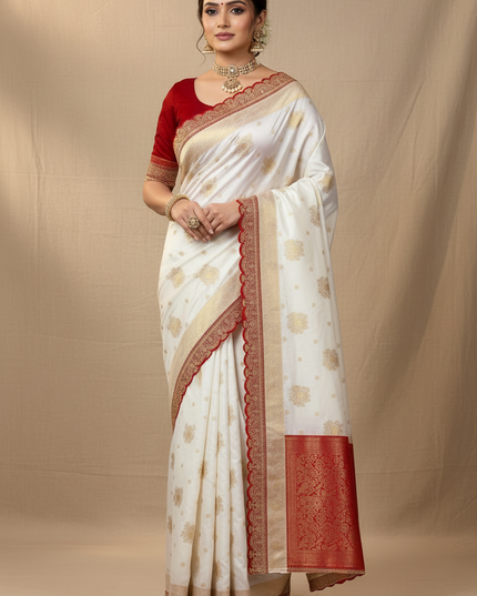 Bridal White Khaddi Georgette & Dolla Saree | Kanchi Scallop Border | Red Blouse - Rosepetals Luxe 