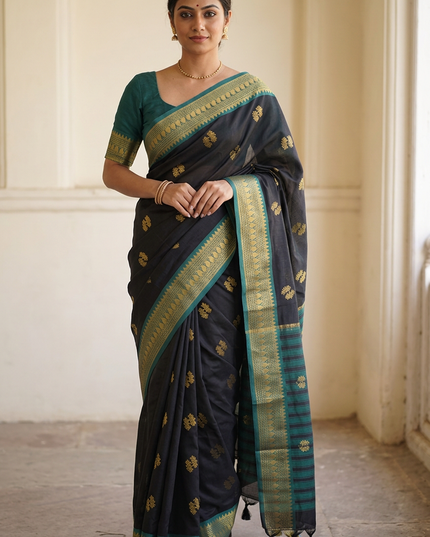 Black Cotton Silk Blend Saree with Traditional Motifs & Contrast Border | Matching Blouse - Rosepetals Luxe