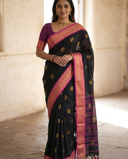 Black Cotton Silk Blend Saree with Traditional Motifs & Contrast Border | Matching Blouse - Rosepetals Luxe