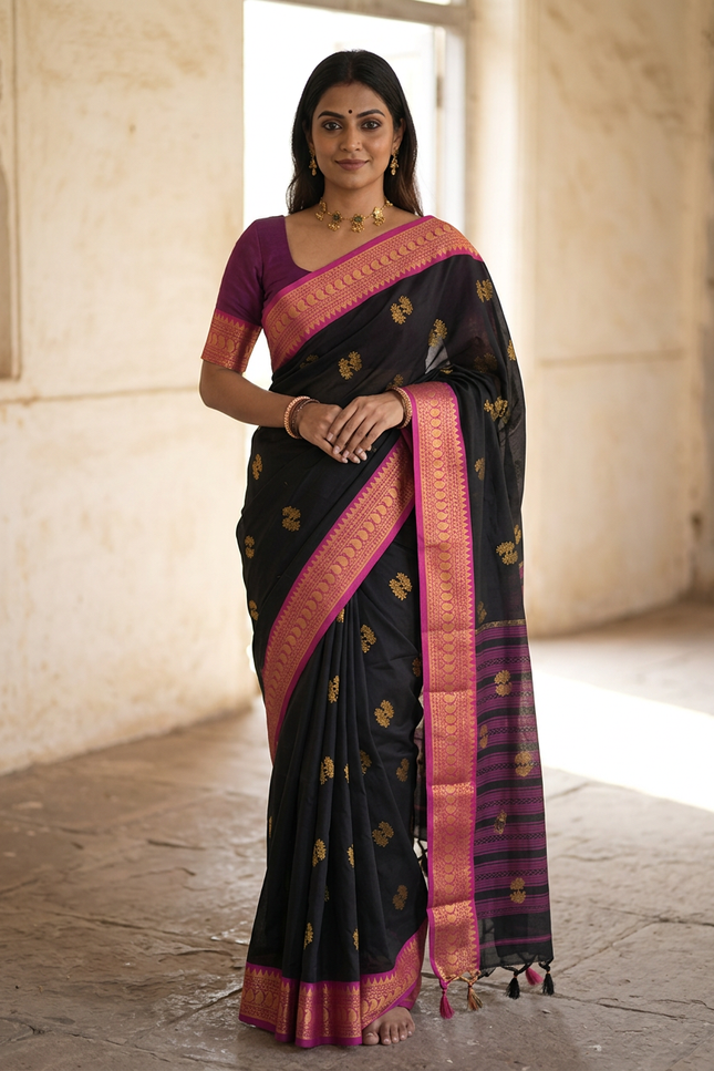 Black Cotton Silk Blend Saree with Traditional Motifs & Contrast Border | Matching Blouse - Rosepetals Luxe