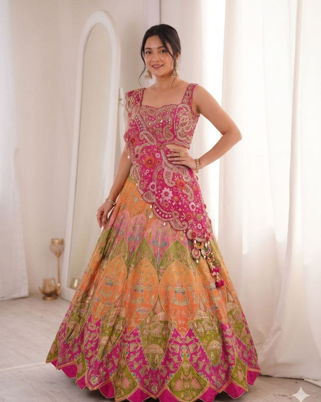 Fully Stitched Embroidery Coding Work Lehenga Choli | Crepe Digital Print With Fancy Latkan - Rosepetals Luxe