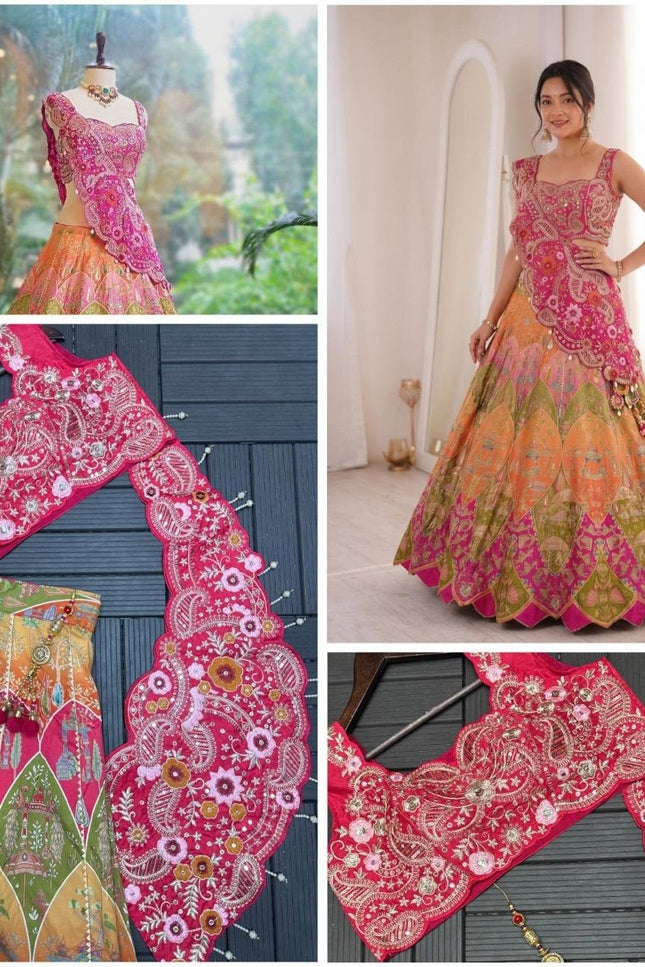 Fully Stitched Embroidery Coding Work Lehenga Choli | Crepe Digital Print With Fancy Latkan - Rosepetals Luxe