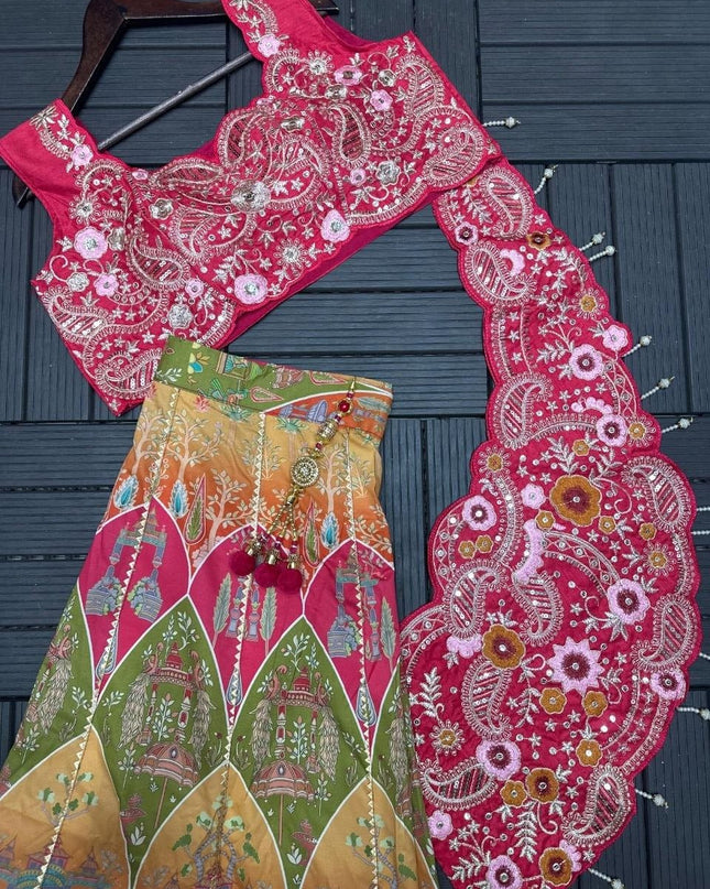 Fully Stitched Embroidery Coding Work Lehenga Choli | Crepe Digital Print With Fancy Latkan - Rosepetals Luxe