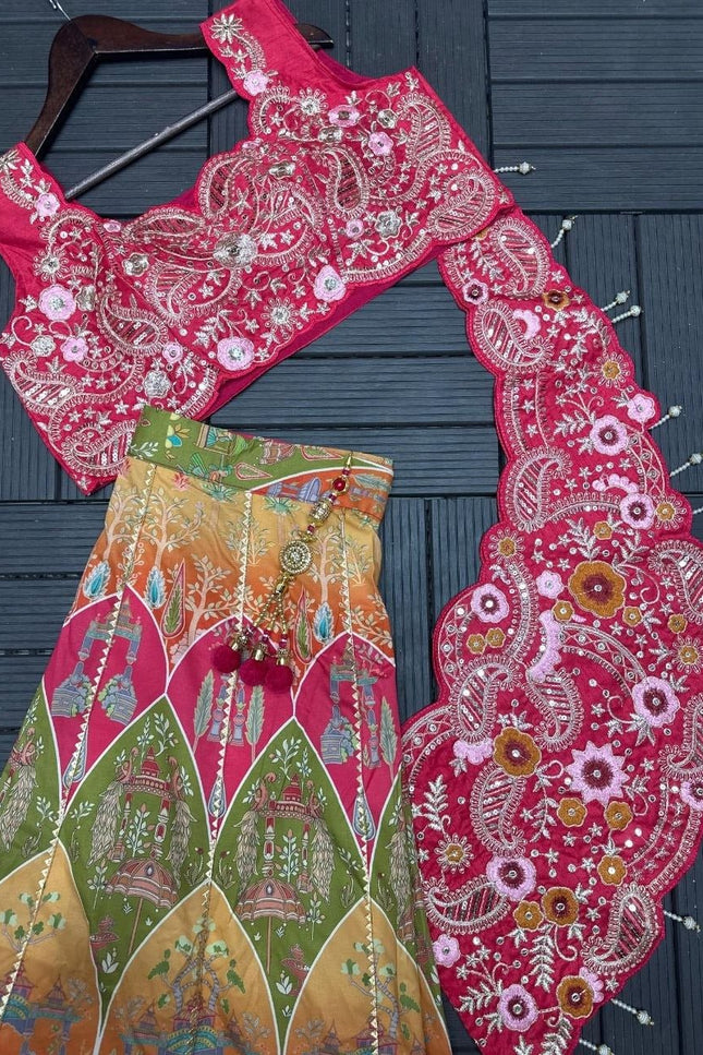 Fully Stitched Embroidery Coding Work Lehenga Choli | Crepe Digital Print With Fancy Latkan - Rosepetals Luxe