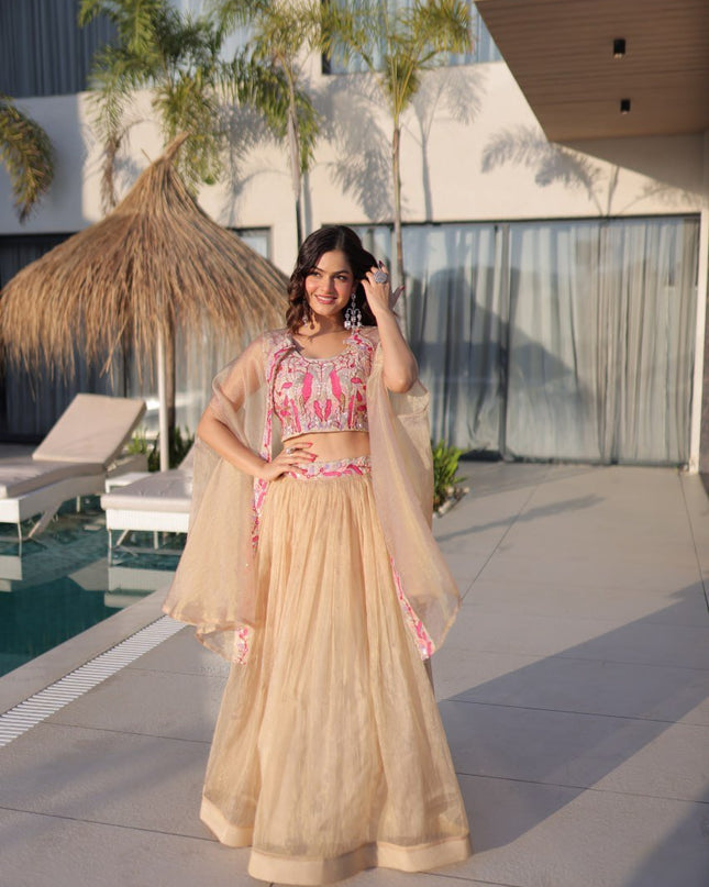 Fully - Stitched Sindur Silk Lehenga Choli With Shrug | Beads Embroidery Work - Rosepetals Luxe