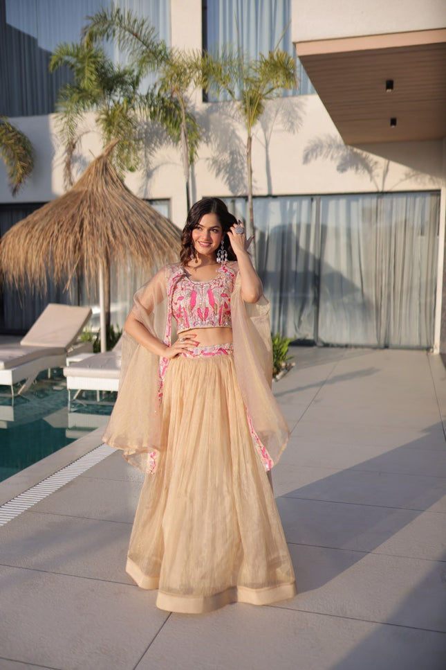 Fully - Stitched Sindur Silk Lehenga Choli With Shrug | Beads Embroidery Work - Rosepetals Luxe