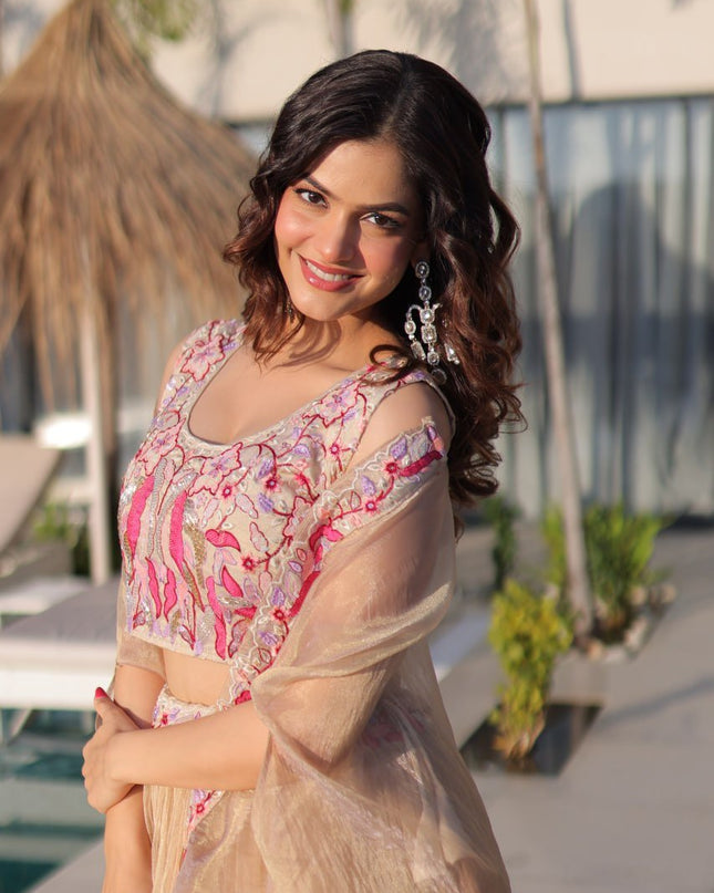 Fully - Stitched Sindur Silk Lehenga Choli With Shrug | Beads Embroidery Work - Rosepetals Luxe