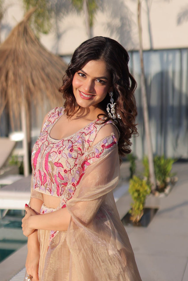 Fully - Stitched Sindur Silk Lehenga Choli With Shrug | Beads Embroidery Work - Rosepetals Luxe