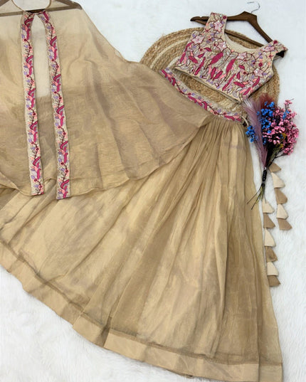 Fully - Stitched Sindur Silk Lehenga Choli With Shrug | Beads Embroidery Work - Rosepetals Luxe