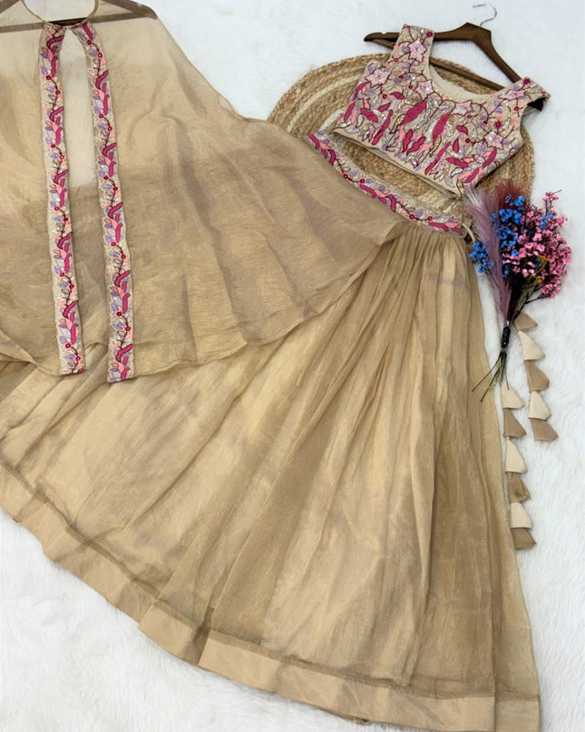Fully - Stitched Sindur Silk Lehenga Choli With Shrug | Beads Embroidery Work - Rosepetals Luxe